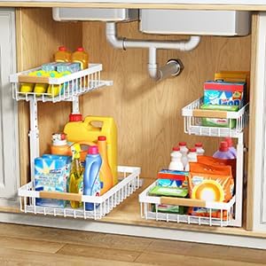 PXRACK 2 Pack Under Sink Organizer,Adjustable Height,2 Tier Pull Out Under Cabinet Organizer,Slide Out Thickened Metal Under Sink Storage for Kitchen Bathroom Laundry Cabinet Pantry,White(L)