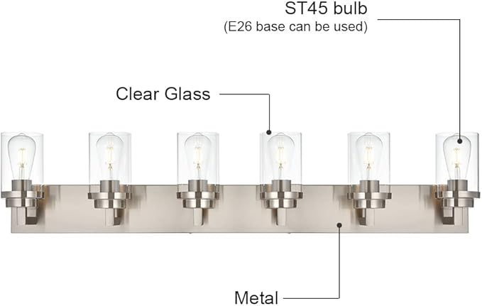 MELUCEE 6-Light Bathroom Lights Over Mirror in Brushed Nickel, Modern Industrial Vanity Lighting Fixture Indoor Wall Lights for Bath Kitchen Powder Room, Clear Glass Shade