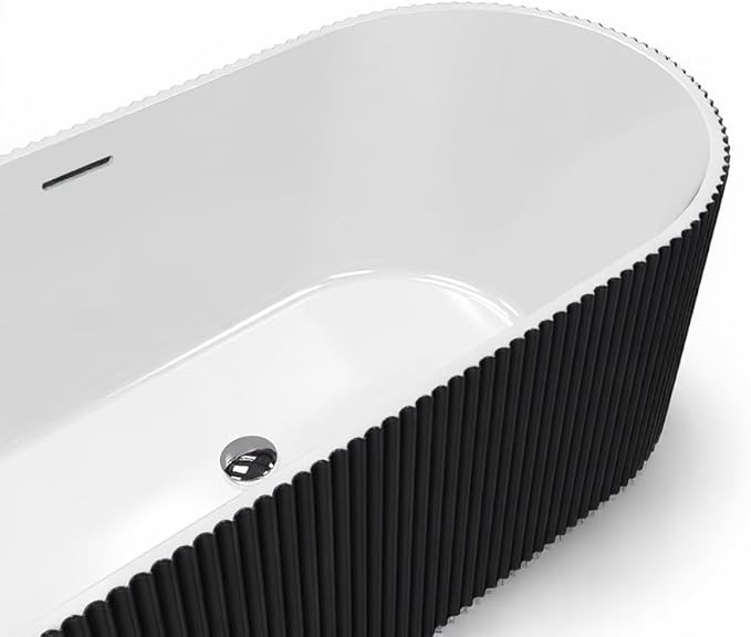 67 Inch Acrylic Freestanding Bathtub – Stripe Design, Free Standing Soaking Tub with Overflow & Pop-Up Drain, Black Exterior White Interior, Stand Alone Tub for Contemporary Bathrooms