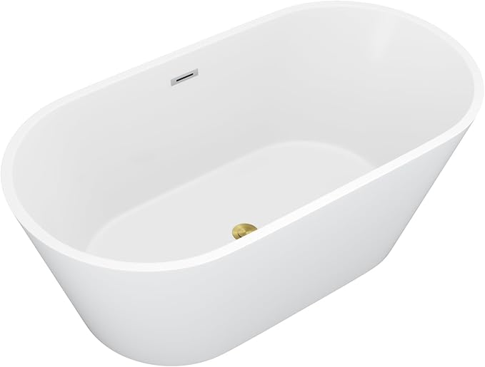 59 Inch Freestanding Acrylic Bathtub White Roll Top Soaking Tub with Gold Drain Glossy Finish for Elegant Bathroom Style, YSB9220