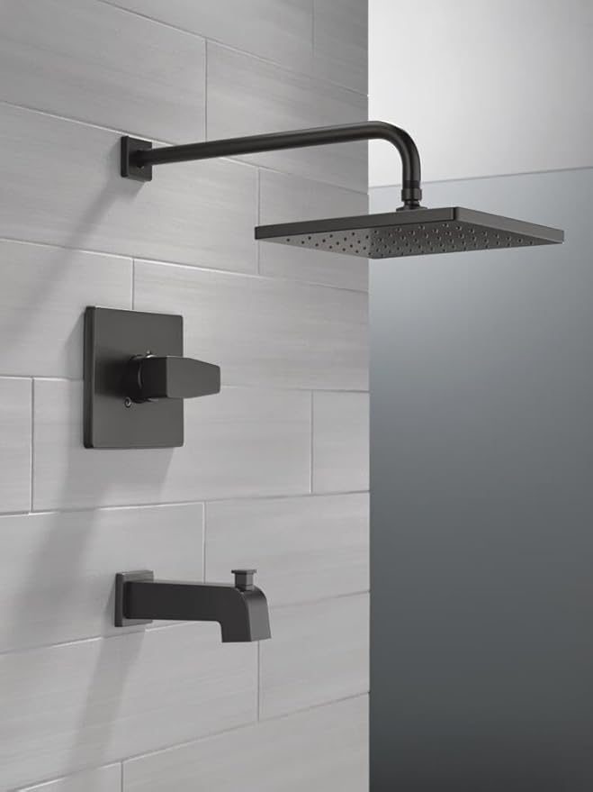 Delta Faucet Modern Raincan Square Single-Function Tub and Shower Trim Kit Black, Tub Faucet Set, Rainfall Shower Head Black, Delta Shower Trim Kit, Matte Black T14468-BL-PP (Valve Not Included)