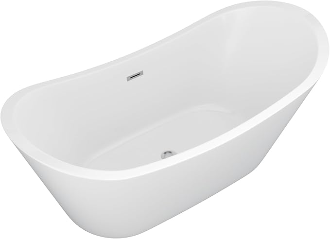67" Freestanding Acrylic Bathtub – White Double Slipper Soaking Tub with Chrome Drain & Overflow, Glossy Finish for Modern Bathrooms #YSB9211
