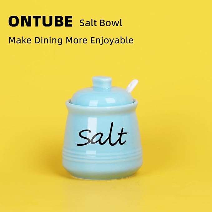 ONTUBE Ceramic Salt Bowl with Lid and Spoon 12oz (Turquoise)