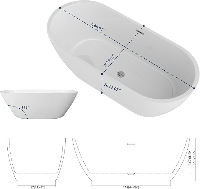 Sarlai 67 Inch Acrylic Freestanding Soaking Bathtub Contemporary Soaking White Tub Stand Alone Ergonomic Bathtub with Chrome Drain and Overflow