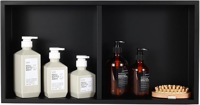 No Tile Needed Shower Niche for Bathroom Storage,Recessed Wall Niche,Double Shelves,Stainless Steel(Black, 24 * 12 in)