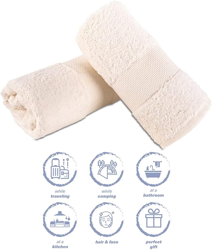 Hencely Luxury Hand Towel - Set of 2 (16x28 Inches) - Soft Turkish Cotton, Absorbent, Quick-Drying Face, Body, Kitchen, and Bathroom Towel (Hand Towels 2 Pack, Ivory)