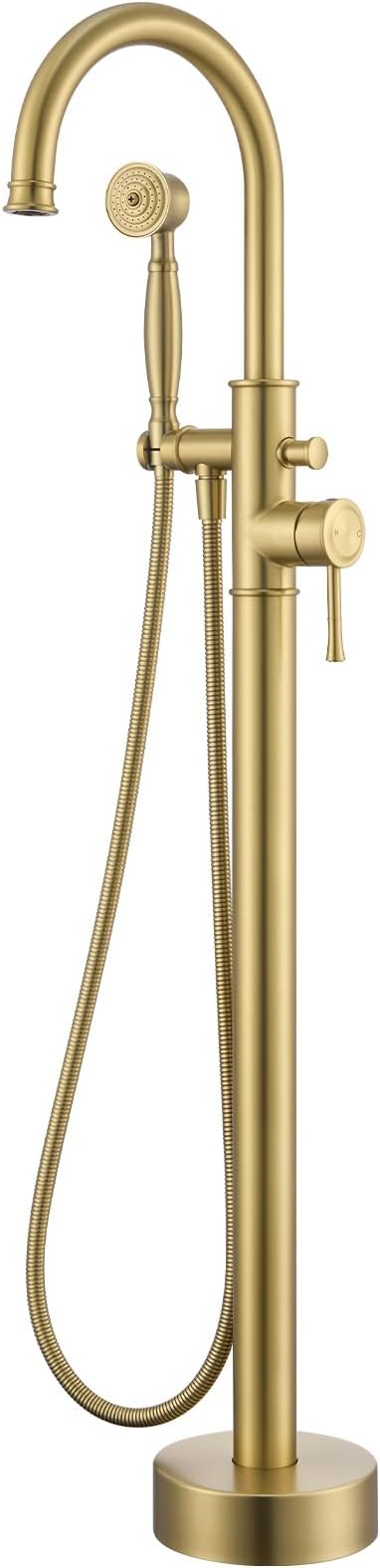 Free Standing Tub Faucet, Wintap Classic Freestanding Bathtub Faucet with Sprayer Brass Elegant Floor Mount Bath Faucets High Flow Roman Tub Filler, Brushed Gold (WT-3311BG)