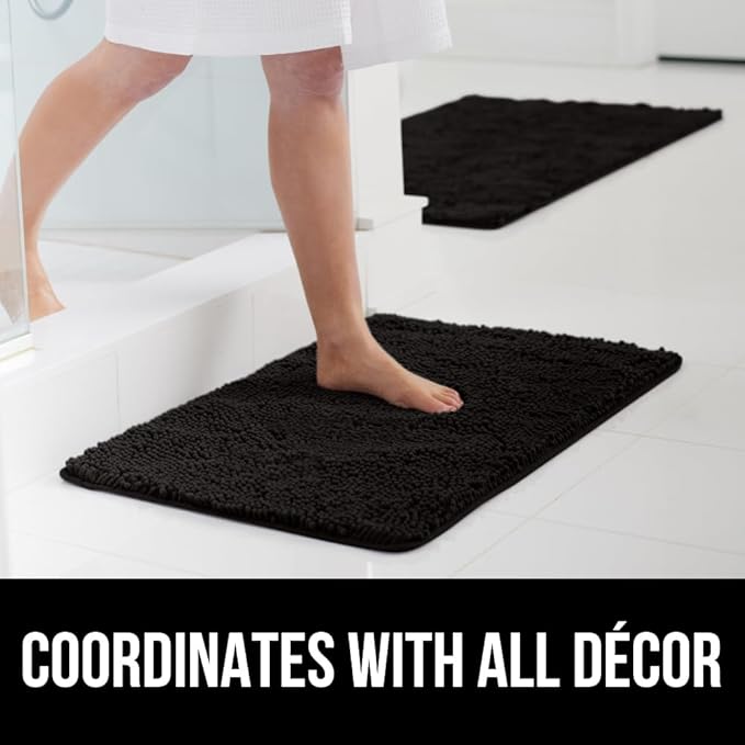 GORILLA GRIP Bathroom Rug Sets, Soft Chenille 2 Piece Area Rugs Set, Toilet Base Mat and 30x20 Carpet, Absorbent Microfiber Washable Mats Dry Quickly, Home Décor and Bath Room Accessories, Black