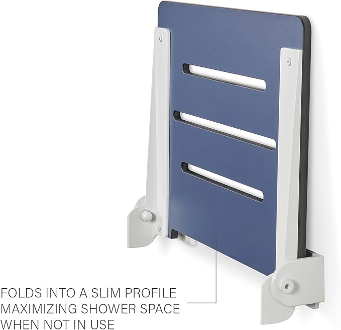 18 inch Silhouette Slimline Folding Wall Mount Shower Bench Seat, Navy Seat with White Frame