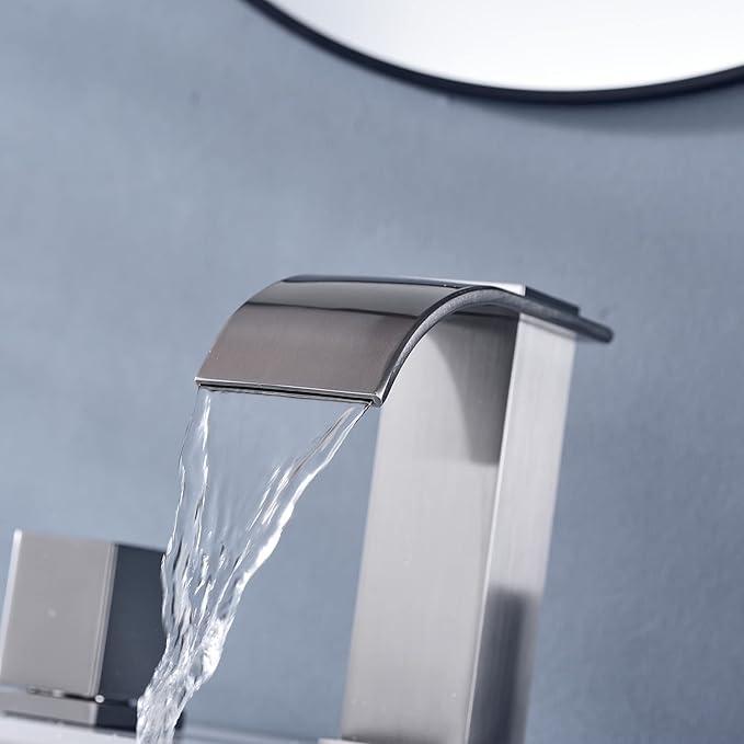 Luxury Brass Modern Widespread Waterfall Bathroom Sink Faucets with Copper Valve for 3 Hole 2-Handle 8 Inch Deck Bathroom Vanity Faucet, &Stainless Steel Pop-up Drain Assembly, Brushed Nickel