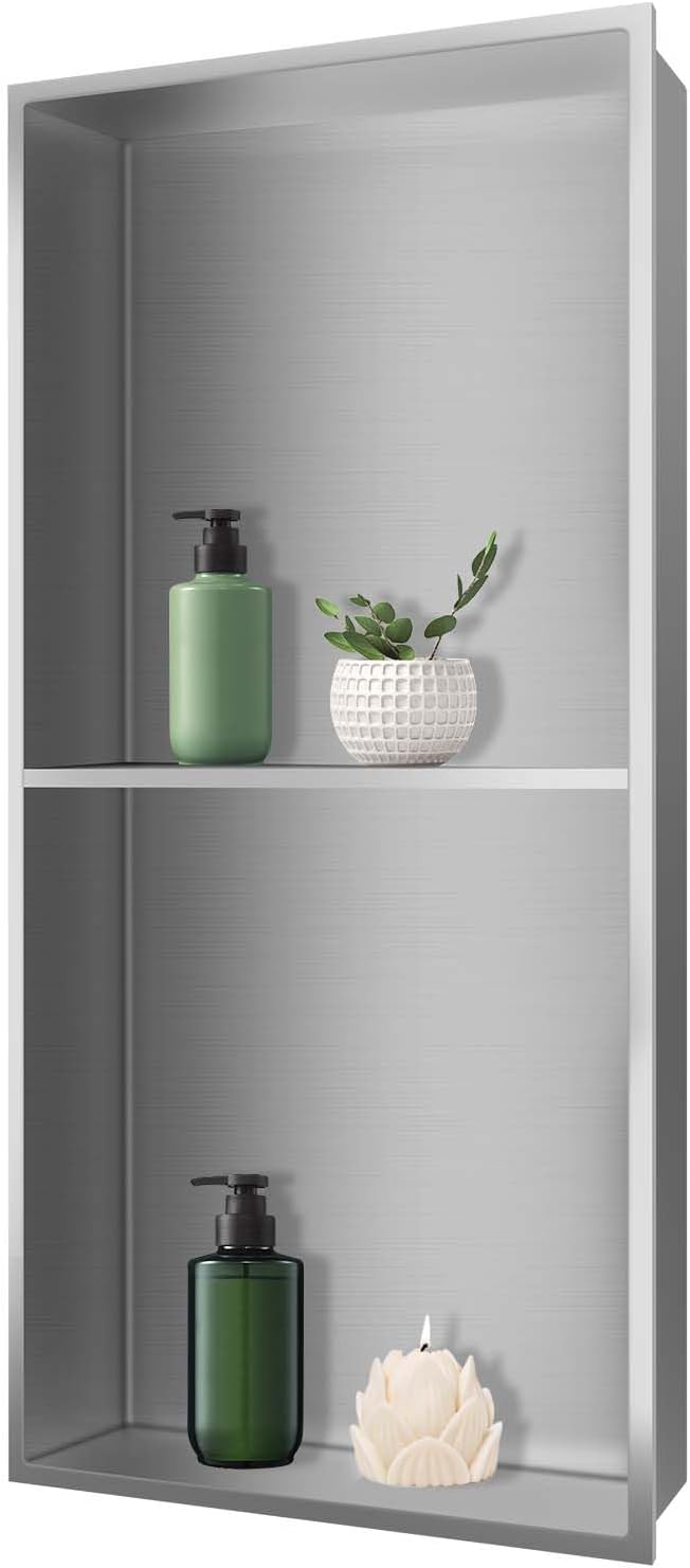 24" X 12" Shower Niche Insert Tile Ready, Niche for Shower Wall, Stainless Steel 2-Tier Recessed Shelf No Tile Needed for Bathroom Storage, Brushed Nickel