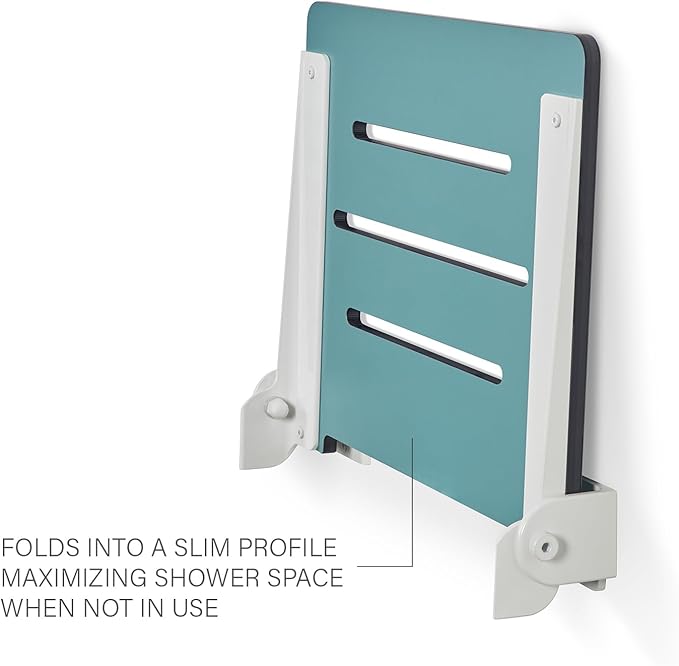 18 inch Silhouette Slimline Folding Wall Mount Shower Bench Seat, Teal Seat with White Frame