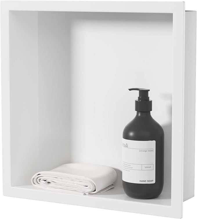 Neodrain White Shower Niche, Insert Storage Shower Shelf (Outside Size 13.1”X13.1“)(Inner Size 12" X 12"), Stainless Steel Wall Shelf No Tiled Recessed Niche Shower for Storage