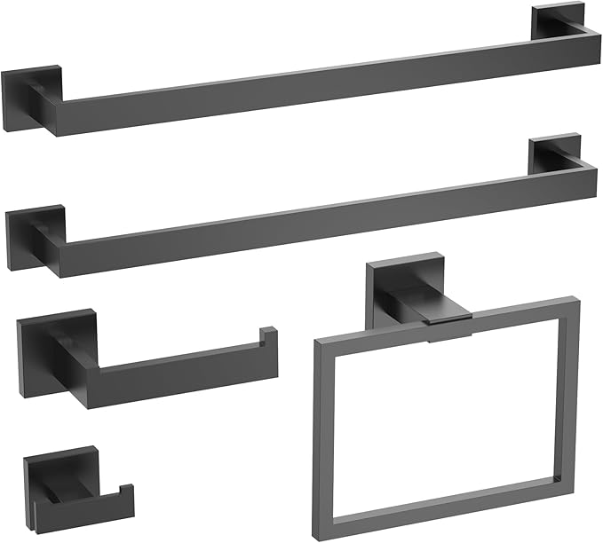 Matte Black 5-Piece Bathroom Hardware Set, INDARE Towel Rack for Bathroom Wall Stainless Steel, Black Bathroom Accessories Set 23.8-Inch