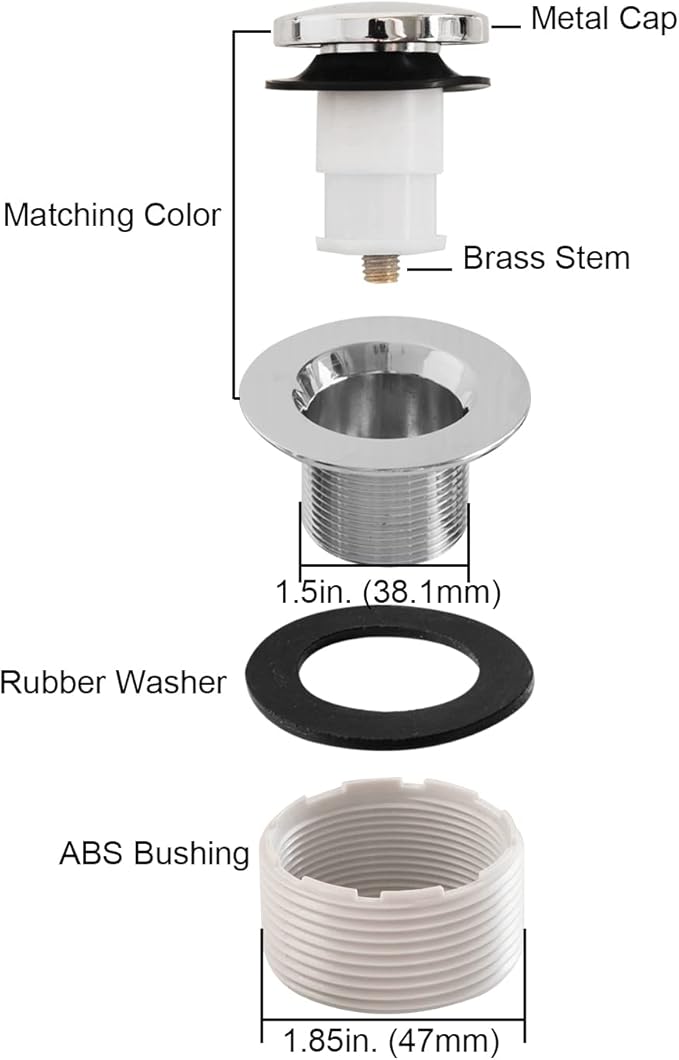 Tip-Toe Bathtub Drain Stopper with ABS Plastic Bushing, Fits in 1-1/2 Inch or 1-3/8 Inch Inner, Easy to Install, Plated Chrome