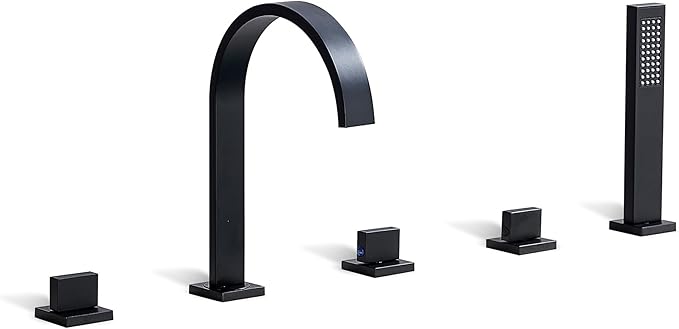 High Arc 5 Hole Roman Tub Filler with Handheld Showerhead Bathroom Widespread Waterfall Bathtub Faucet Set Deck Mounted, Matte Black