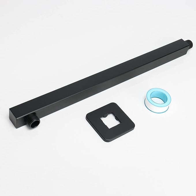 HarJue Shower Arm, Rain Shower Head Extension Extender, With Flange and Teflon Tape, Made of Thicken Stainless Steel for Bathroom Rainfall Shower (16 Inch, Matte Black)