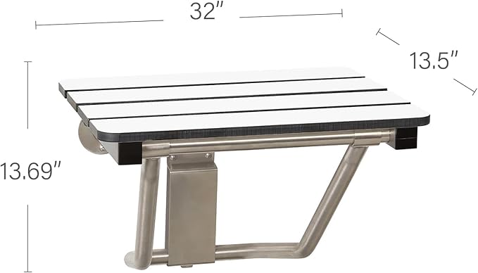 32" x 15" Phenolic White 3” Slats Folding Wall Mount Shower Seat Bench, ADA Compliant