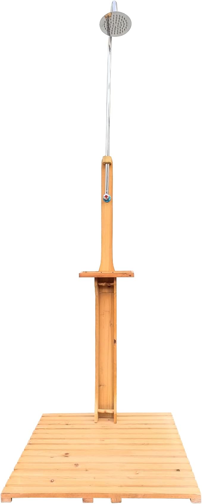 Outdoor Shower, Solid Wood Outdoor Shower and Steel Construction Height-Adjustable Shower Head, Connect Easily to Any Hose, Easy to Assemble Outdoor Shower Kit for Garden, Backyard, Pool