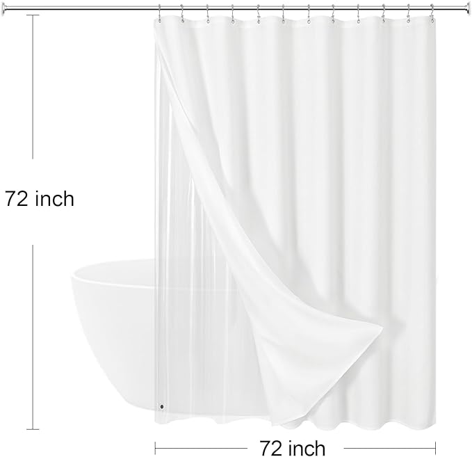 MitoVilla 3 in 1 Shower Curtain Set, White Boho Farmhouse Linen Textured Bath Curtain and Clear PEVA Liner Set with 12 Double Sided Steel Hooks, Waterproof Fabric Hotel Bathroom Curtain - 72x72
