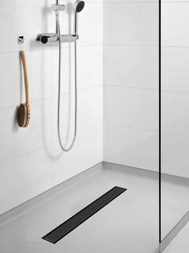 Linear Shower Drain, 36 inch Black Drain with Tile Insert 2-in-1 Panel, Brushed 304 Stainless Steel Shower Floor Drain, Linear Drain with Hair Strainer and Adjustable Feet