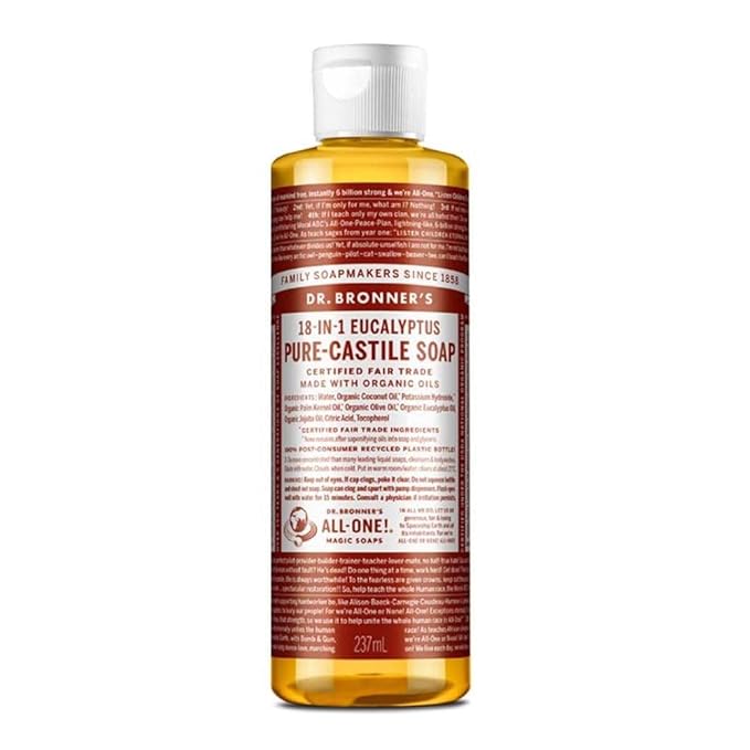 Dr. Bronner's - Pure-Castile Liquid Soap (Eucalyptus, 8 ounce) - Made with Organic Oils, 18-in-1 Uses: Face, Body, Hair, Laundry, Pets and Dishes, Concentrated, Vegan, Non-GMO