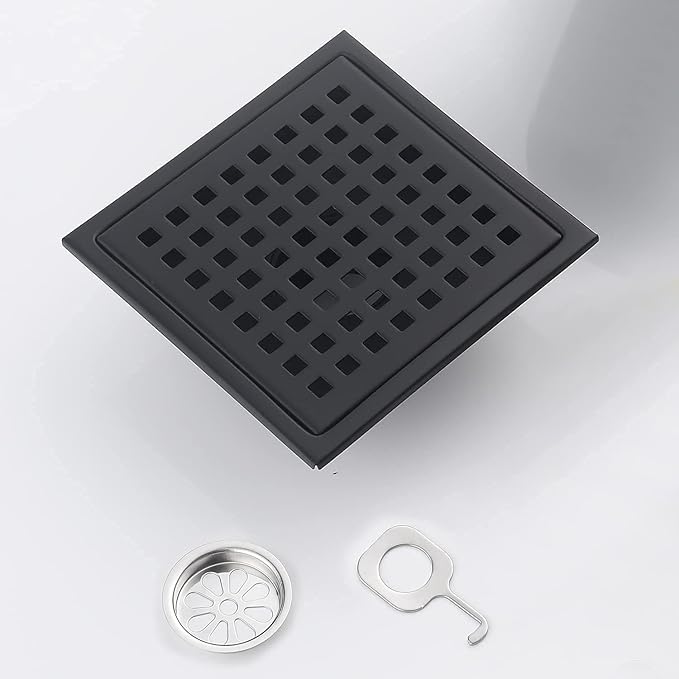 6 Inch Square Shower Floor Drain Black Matte, Grille with Removable Cover, SUS304 Stainless Steel