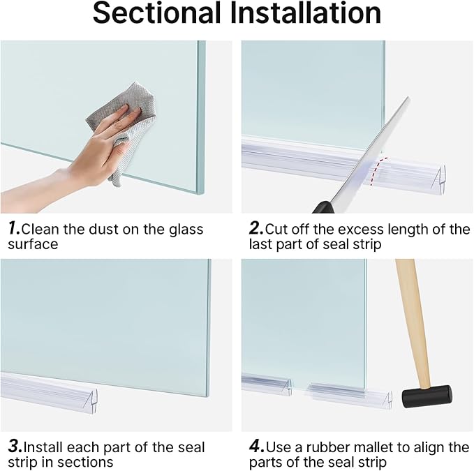 AmazerBath 3PCS Shower Door Bottom Seal for 1/4 Inch Glass - (15.75 Inches * 3), 3 Section Segmented Shower Installation Kit Frameless Glass Door Seal Strip