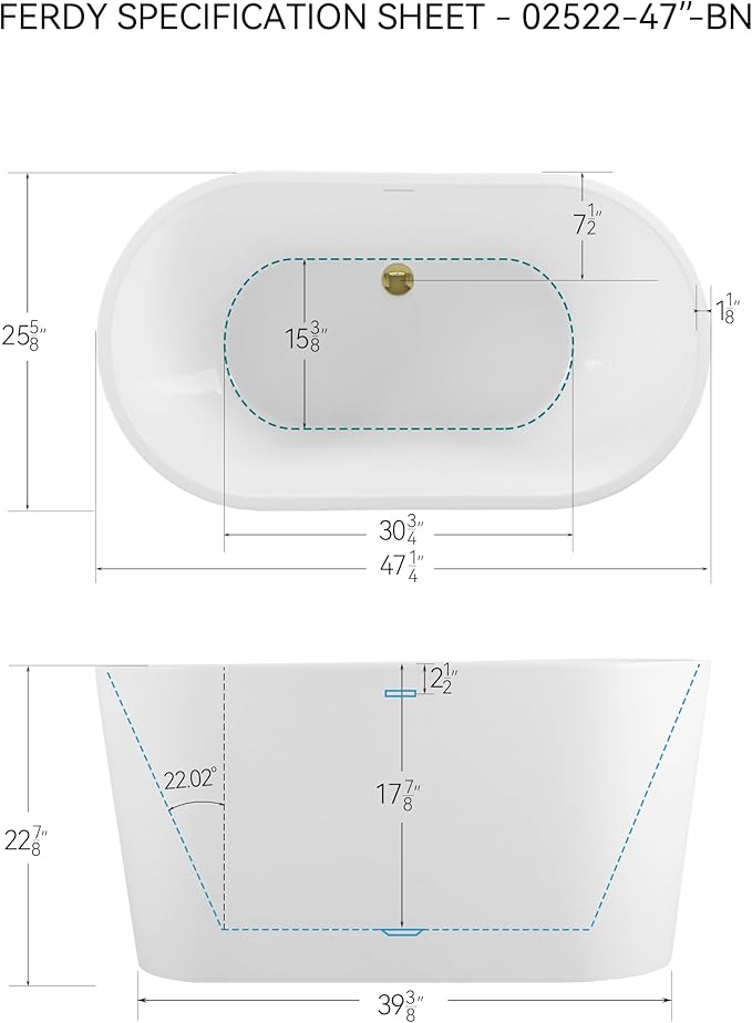 FerdY Shangri-La 47" Acrylic Freestanding Bathtub with Headrest, Small Classic Oval Shape Acrylic Soaking Bathtub with Polished Gold Drain & Overflow& Bath Pillow, cUPC Certified