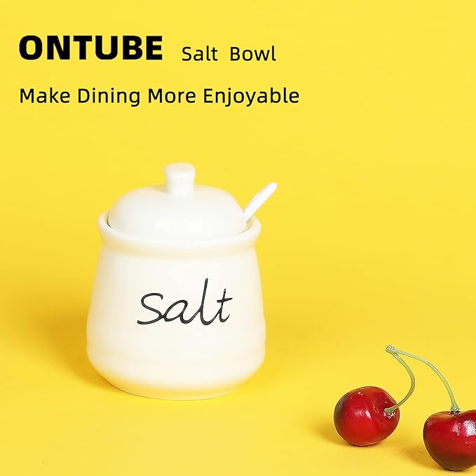 ONTUBE Ceramic Salt Bowl with Lid and Spoon 12oz (Beige)