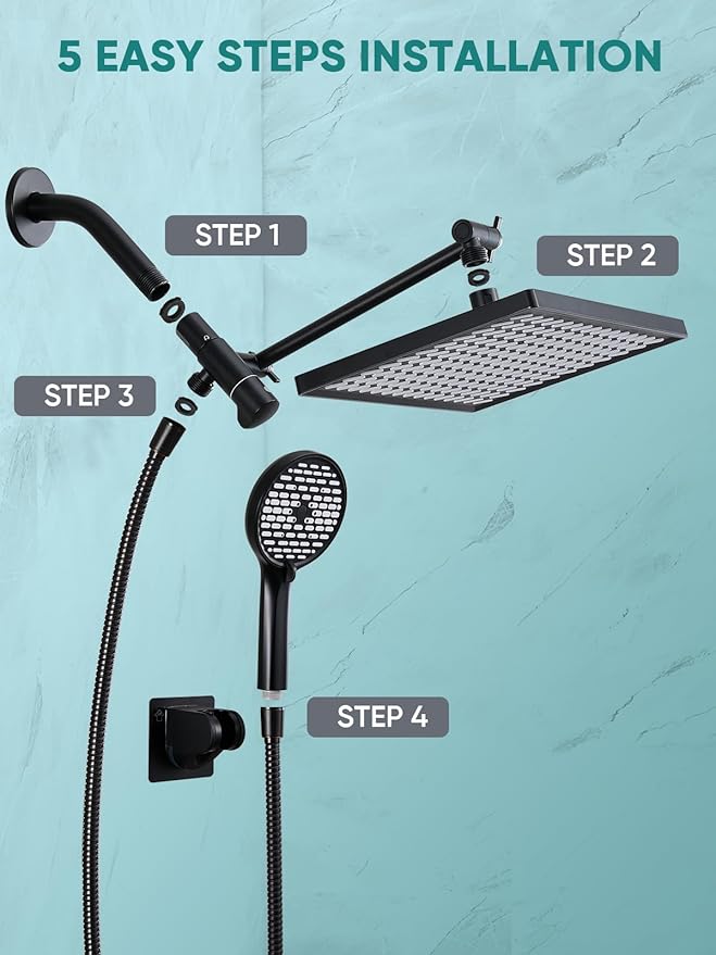Cobbe 11.8 Inch Rain Shower Head with 6 Modes Handheld Water Spray,High Pressure Showerhead Combo with 11 Inch Adjustable Extension Arm, Black