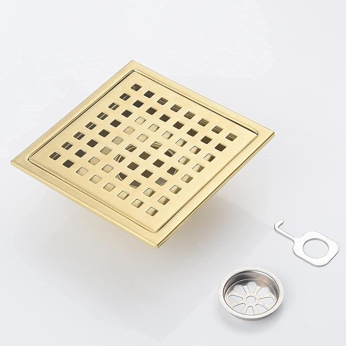 Square Shower Floor Drain Brushed Gold 6 Inch,Grille with Removable Cover,SUS304 Stainless Steel