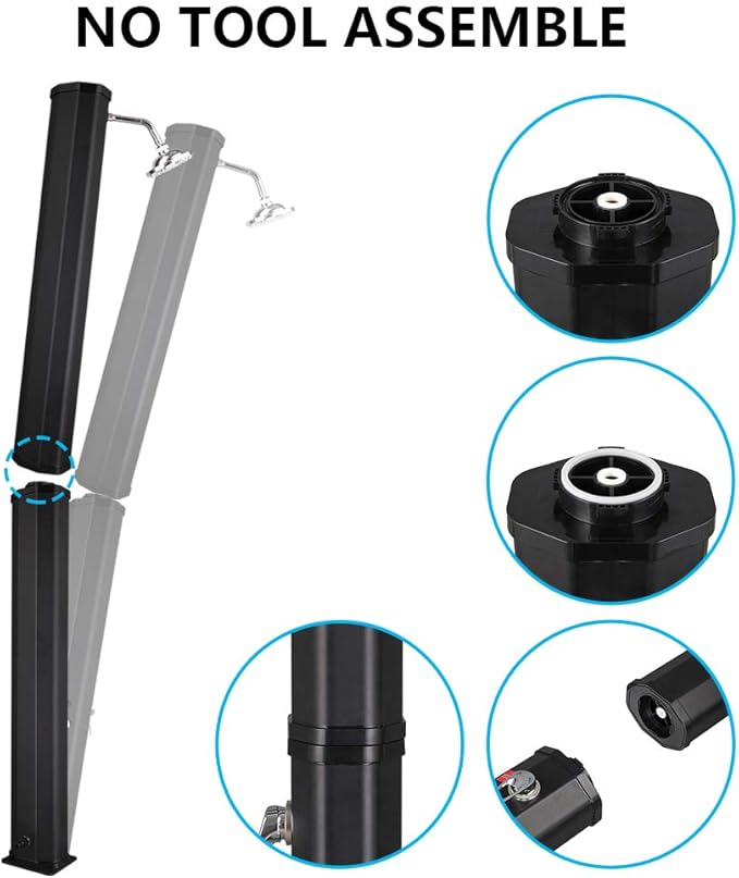 VINGLI Solar Heated Shower, 9.3 Gallon Outdoor Shower with Shower Head and Foot Shower Tap,for Outdoor Backyard Poolside Beach Pool Spa,Black (9.3 Gallon)