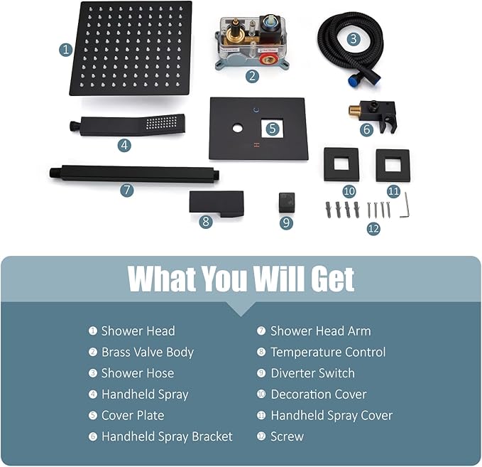 Aolemi Matte Black Ceiling Mount Rain Shower Head with Handheld Spray and High Pressure Faucet Set, Includes 16 Inch Shower Head and Trim Kit