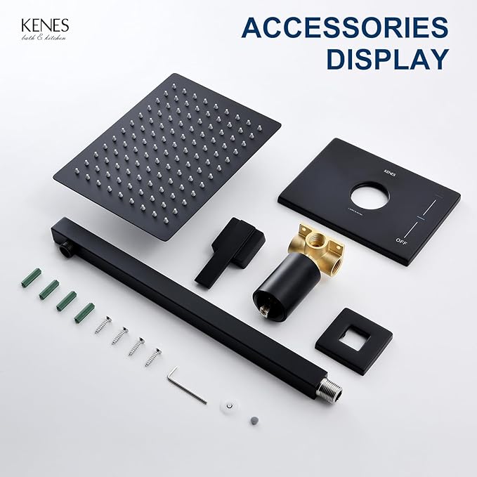 KENES Matte Black Shower Faucet with 10-Inch Shower Head and Handle Set, Square Shower Faucet Set Bathroom Rainfall Shower System Wall Mount, KE-6024B-2 (Shower Valve Included)