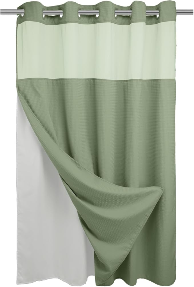 River Dream Green Heavyweight No Hooks Required Shower Curtain with Snap in Liner - Dotted Waffle Weave,Hotel Grade,Spa Like Bath Curtain,71W x 74H