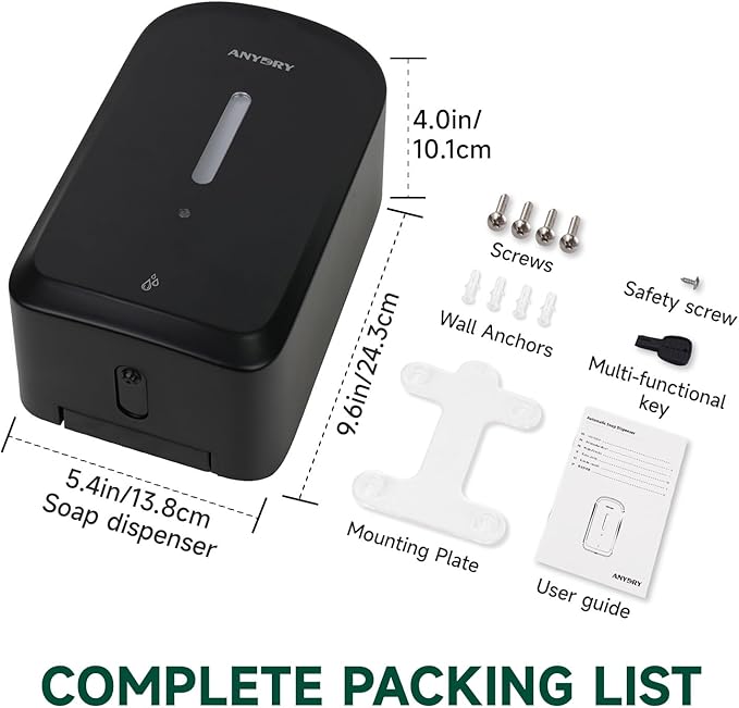 Commercial Automatic Soap Dispenser Large 34oz/1000ml Capacity Wall-Mounted Touchless Liquid Dispenser for High-Traffic Restrooms, Offices, Hospitals Model AD1220S Black