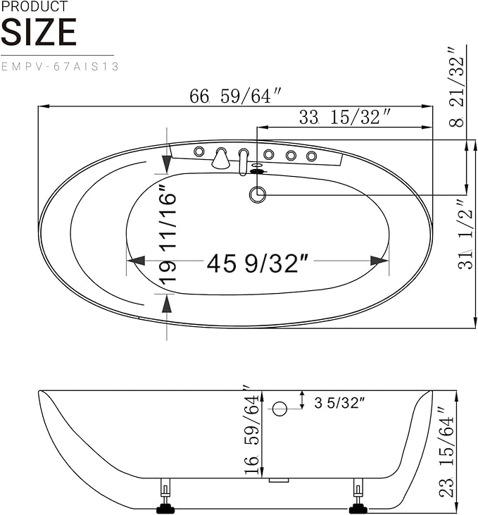 Empava 67 Inch Freestanding Whirlpool Tub -Hydromassage Gracefully Oval Shaped Stand Alone Jetted Bathtub with 7 Hydromassage Nozzles, Boat Shape, Hydromassage, Acrylic,ETL Certified