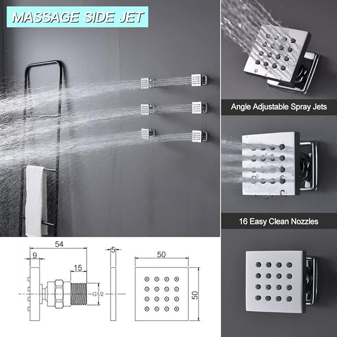 Thermostatic Shower Faucet Set Polished Chrome Rain Shower System with Tub Spout, 12 Inch Ceiling Mounted LED Shower Head and Handheld Spray, 6 PCS Body Jets, 4 Way Brass Shower Vlave