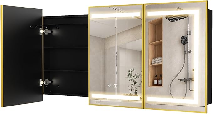 APRILSOUL 60X32 Inch Gold Bathroom Medicine Cabinet with Mirror, Recessed or Surface Lighted Medicine Cabinet with 3 Colors Temperature, Dimmable Light