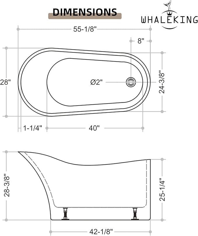 55" Black Modern Free Standing Soaking Slipper Bathtub, WHALEKING Luxury Stand Alone Deep Acrylic Hot Tub with Chrome Overflow & Drain,
