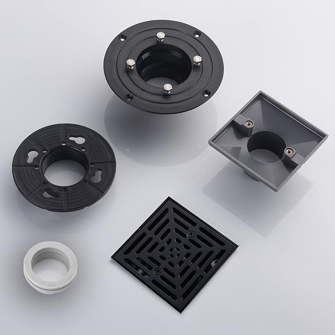 4-1/4 Inch Black Shower Drain Square, Base with Adjustable Drain Flange Kit PVC, Removable Grille Strainer Drain Cover with Screws, SUS304 Stainless Steel