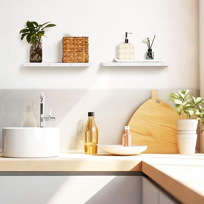 Pinkunn 3 Pcs Faux Marble Floating Shelves Modern Wooden Floating Shelf Wall Mount Organizer Decor for Home Bathroom Kitchen Storage and Display
