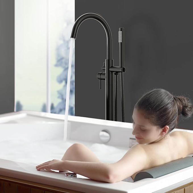 Freestanding Bathtub FaucetFloor Mount Bathtub Filler Shower Mixer Faucet with Handheld Shower Sprayer Swivel, Side Inlet,Matte Black