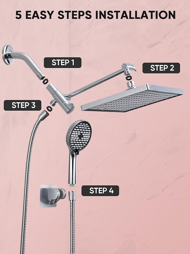 Cobbe 11.8 Inch Rain Shower Head with 6 Modes Handheld Water Spray,High Pressure Showerhead Combo with 11 Inch Adjustable Extension Arm, Chrome