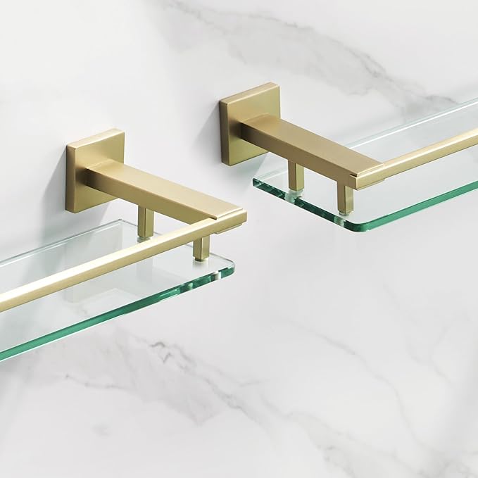 LANC Gold Bathroom Shelf Glass Shelves 20-Inch Floating Tempered Glass Shelf Rectangular Modern Stainless Steel Wall Mounted Cologne Shelves for Men Shower Bathroom Kitchen Organizers,A7613BG