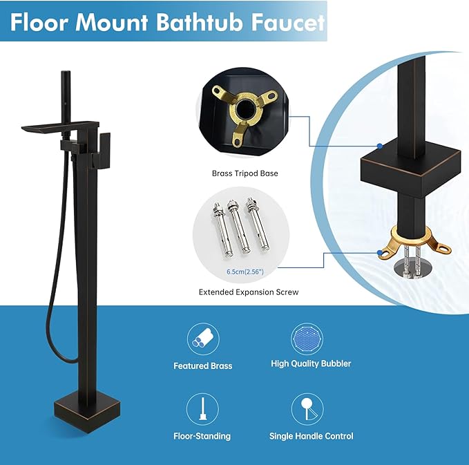 RUMOSE Oil Rubbed Bronze Bathtub Filler Freestanding Tub Filler Floor Mount Tub Faucet Waterfall Bathtub Faucet with CUPC Certified High Flow Brass Bath Shower Faucets with Handheld Sprayer