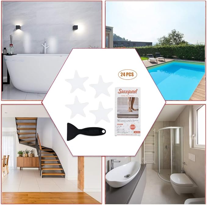 Anti Slip Shower Stickers 24 PCS Safety Bathtub Strips Adhesive Decals with Premium Scraper(Clear Star)