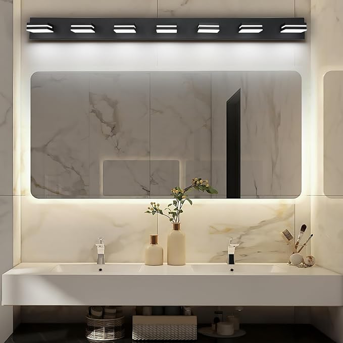 SineRise LED Modern Bathroom Vanity Light Fixtures (7-Light, 55-Inch), Matte Black Modern Acrylic Bathroom Wall Lighting Fixtures Over Mirror (Cool White 6000K)