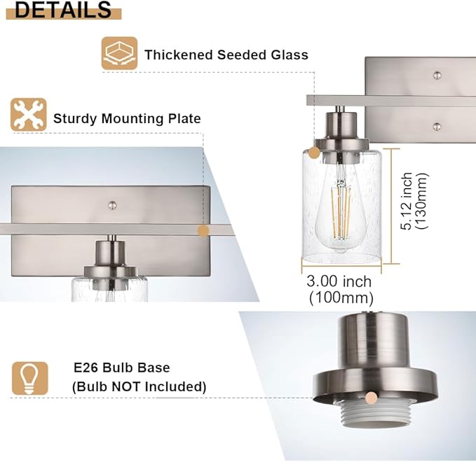 40-Inches Length Bathroom Vanity Lighting Fixtures Over Mirror in Brushed Nickel, 5-Lights Industrial Sconce Wall Lamp with Seeded Glass Shades